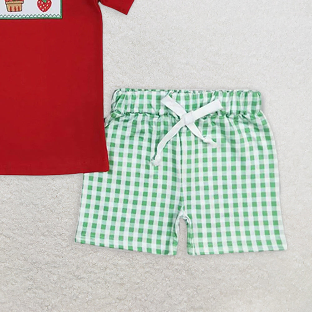 BSSO0810RTS NO MOQ Baby Boys Summer Boys Outfits  Baby Boys Red Strawberry Cake Shirt Top Shorts Clothes Sets