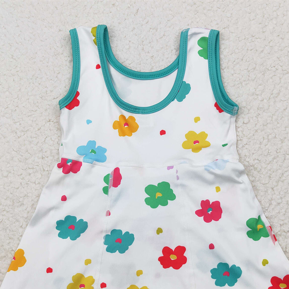 5.19  GSD2346 RTS NO MOQ Baby Girls Summer Yoga Dress Sleeveless white colorful floral kids girls athletic dresses