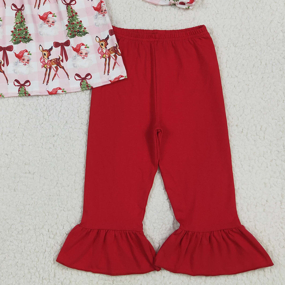GLP2419 RTS NO MOQ Baby Girls Winter Outfits Baby Girls Red Long Sleeves Santa Trees Plaid Tunic Ruffle Pant Set