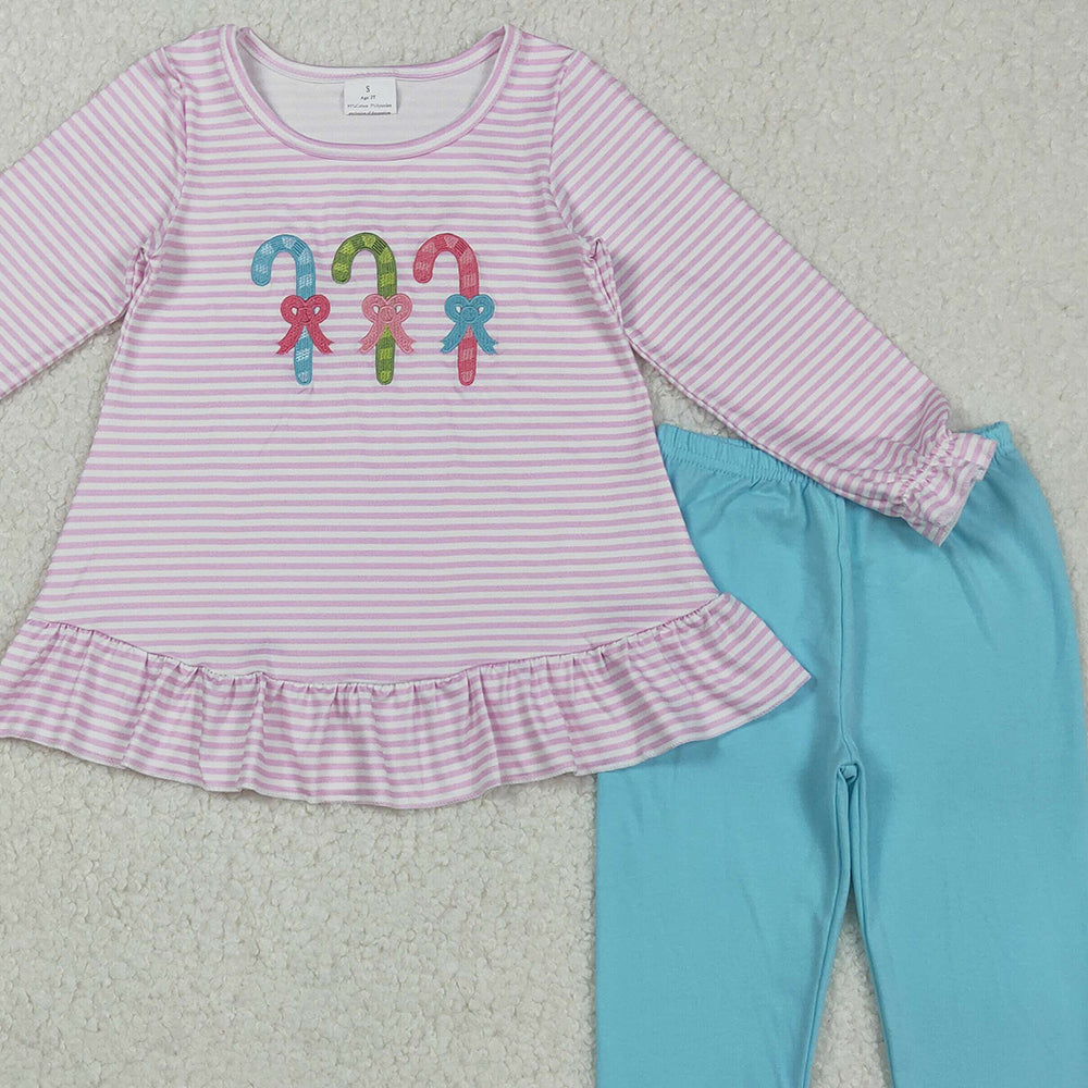 RTS NO MOQ （In stock）GLP2468 Baby Girls Winter Outfits Christmas Pink Stripe Candy Cane Tunic Legging Pants Sets