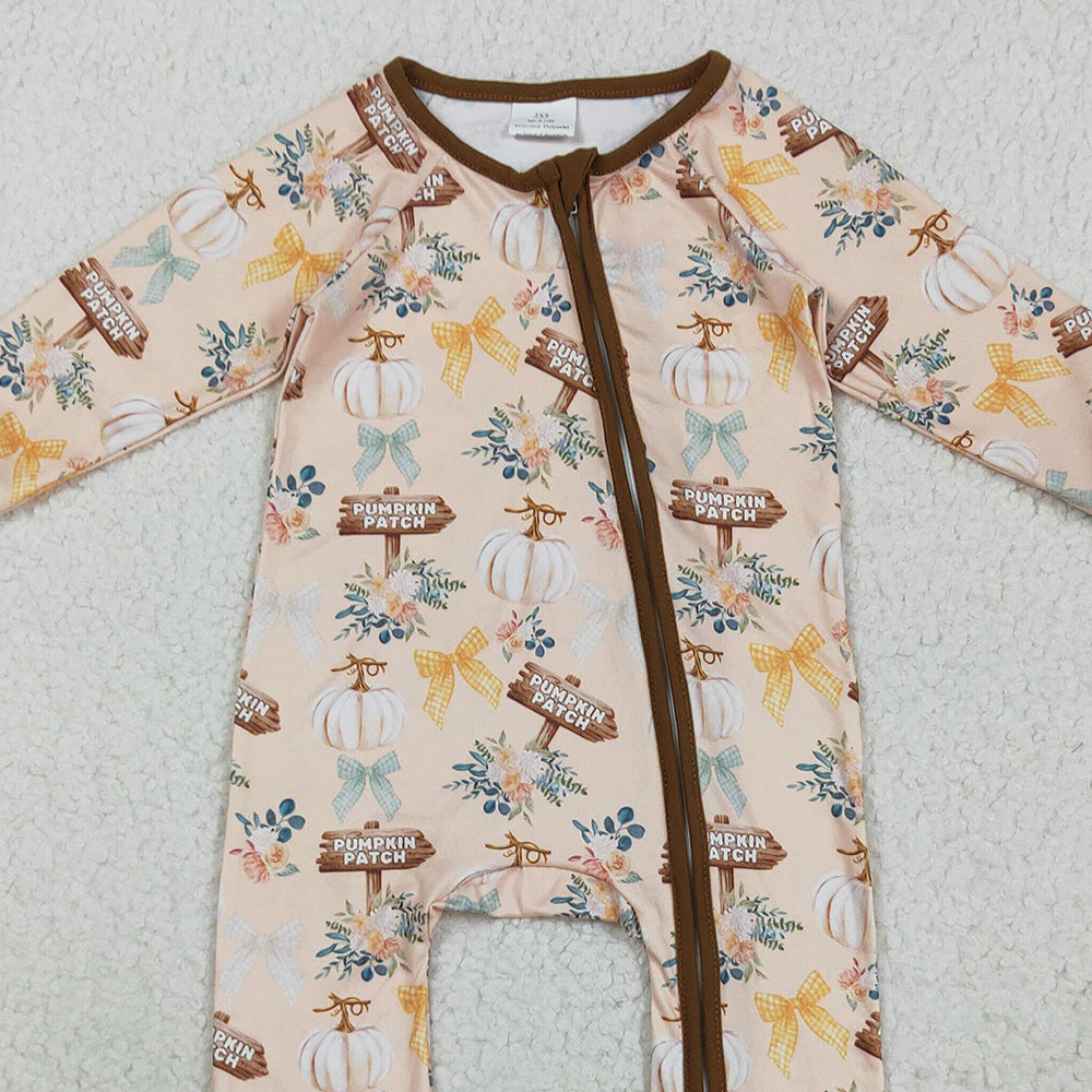 RTS NO MOQ （In stock）LR2462 Baby Boys Winter Rompers Baby Boys Fall Pumpkins Bows Fall Zipper Footie Rompers