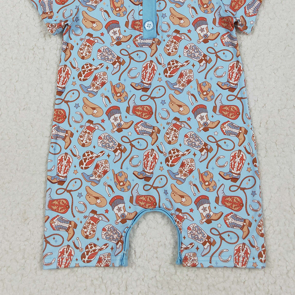 8.18  SR3128 RTS NO MOQ Baby Boys Summer Rompers Baby Kids Blue Short Sleeves Boots Hats Button Rompers