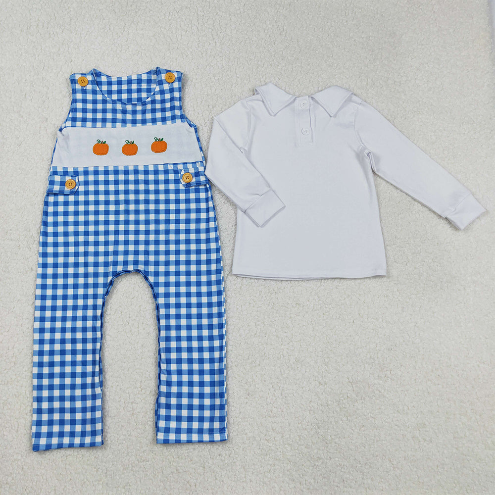 RTS NO MOQ （In stock）BT0820+SR1949 Baby Boys Winter Outfits Blue Plaid Pumpkin Romper with White Shirt for Boy Fall Season Outfit