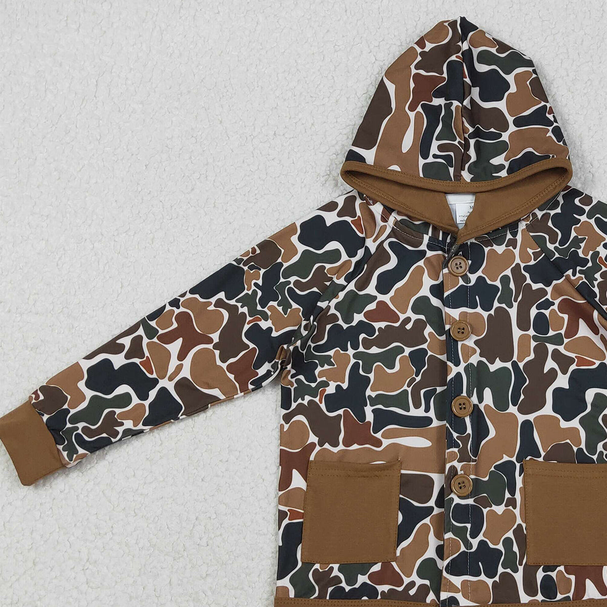 12.12 RTS NO MOQ （In stock）BT1442 Baby Boys Southern Dark Brown Camo Button Pockets Hoodie Jackets Top