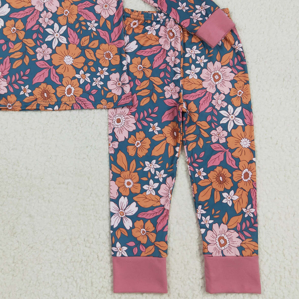 RTS NO MOQ （In stock）GLP2385 Baby Girls Winter Outfits Baby Girls Lavender Long Sleeves Floral Top Pants Pajamas Sets