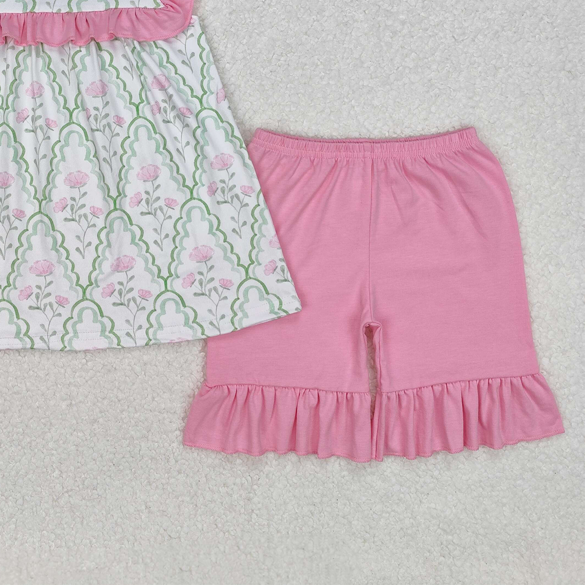 GSSO2013RTS NO MOQ Baby Girls Summer Outfits Girls Ruffle Green Pink Floral Tunic Short Set Summer Outfit Cute Floral Print Top And Shorts Combo for Little Girls