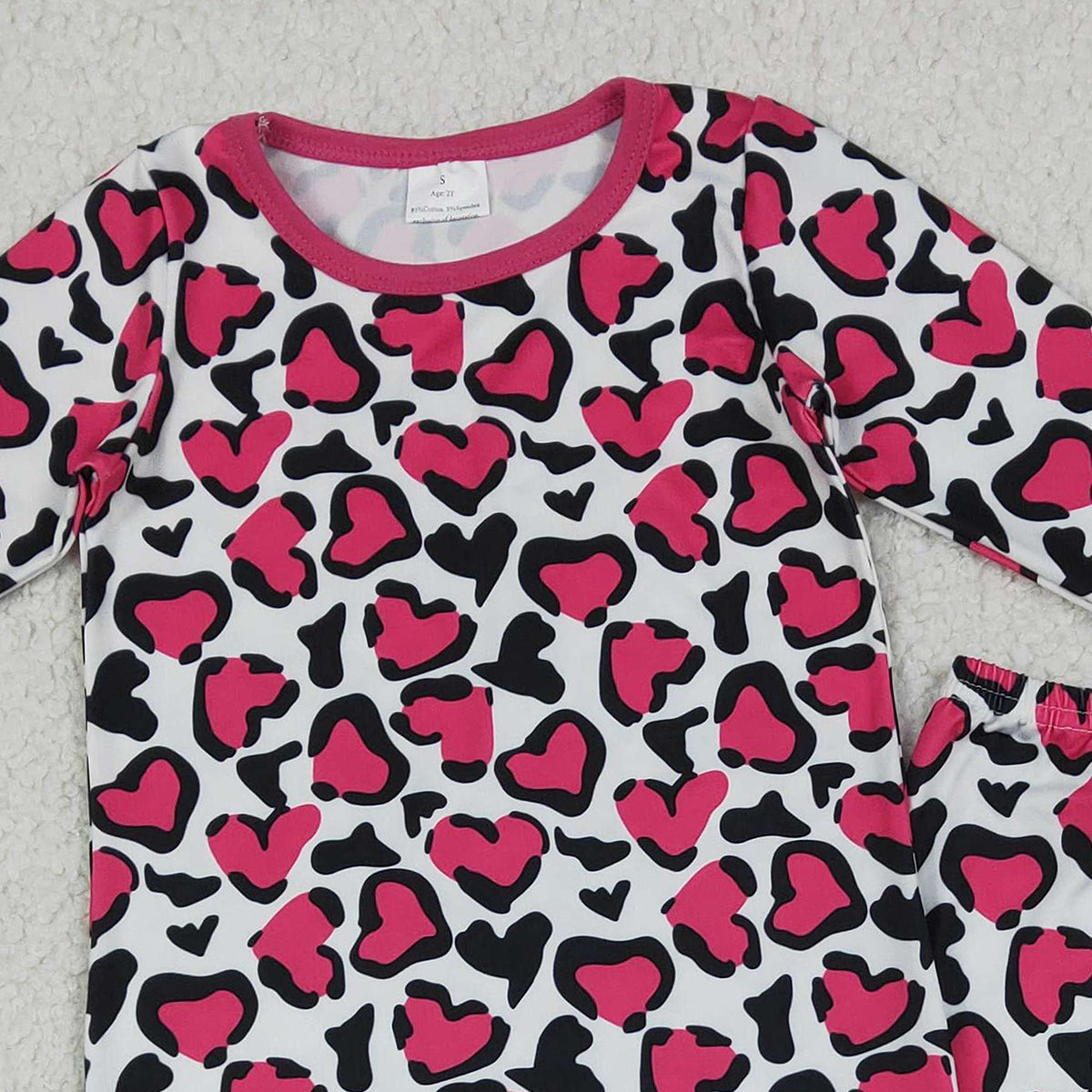 12.20 RTS NO MOQ （In stock）GLP2825 Baby Girls Hot Pink Hearts Leopard Top Pants Valentines Pajamas Sets