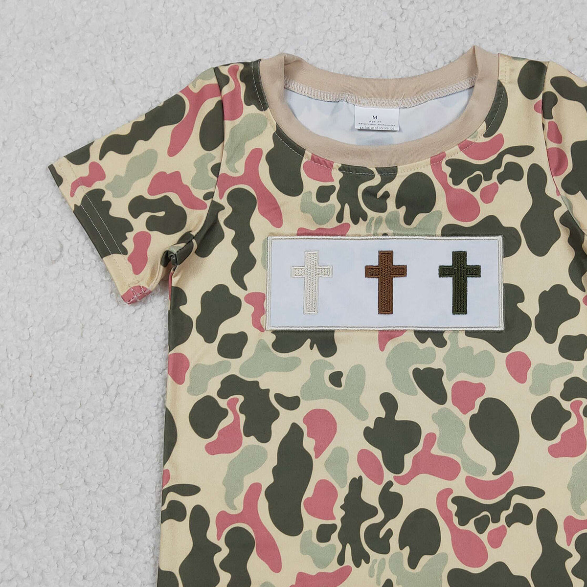 12.15 RTS NO MOQ （In stock）BT1395 Embroidery Crosses Baby Boys Short Sleeve Camo Easter T-shirts Top