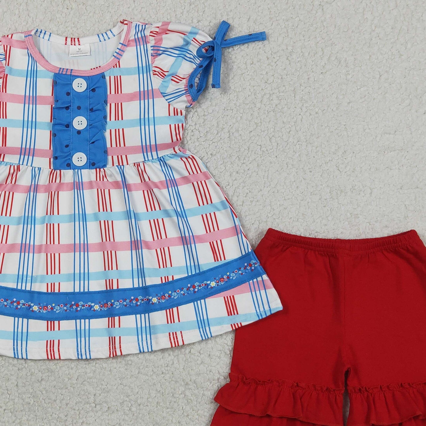 GSSO2815 RTS NO MOQ （In stock ）Plaid ruffle tunic red shorts girls 4th of july outfits