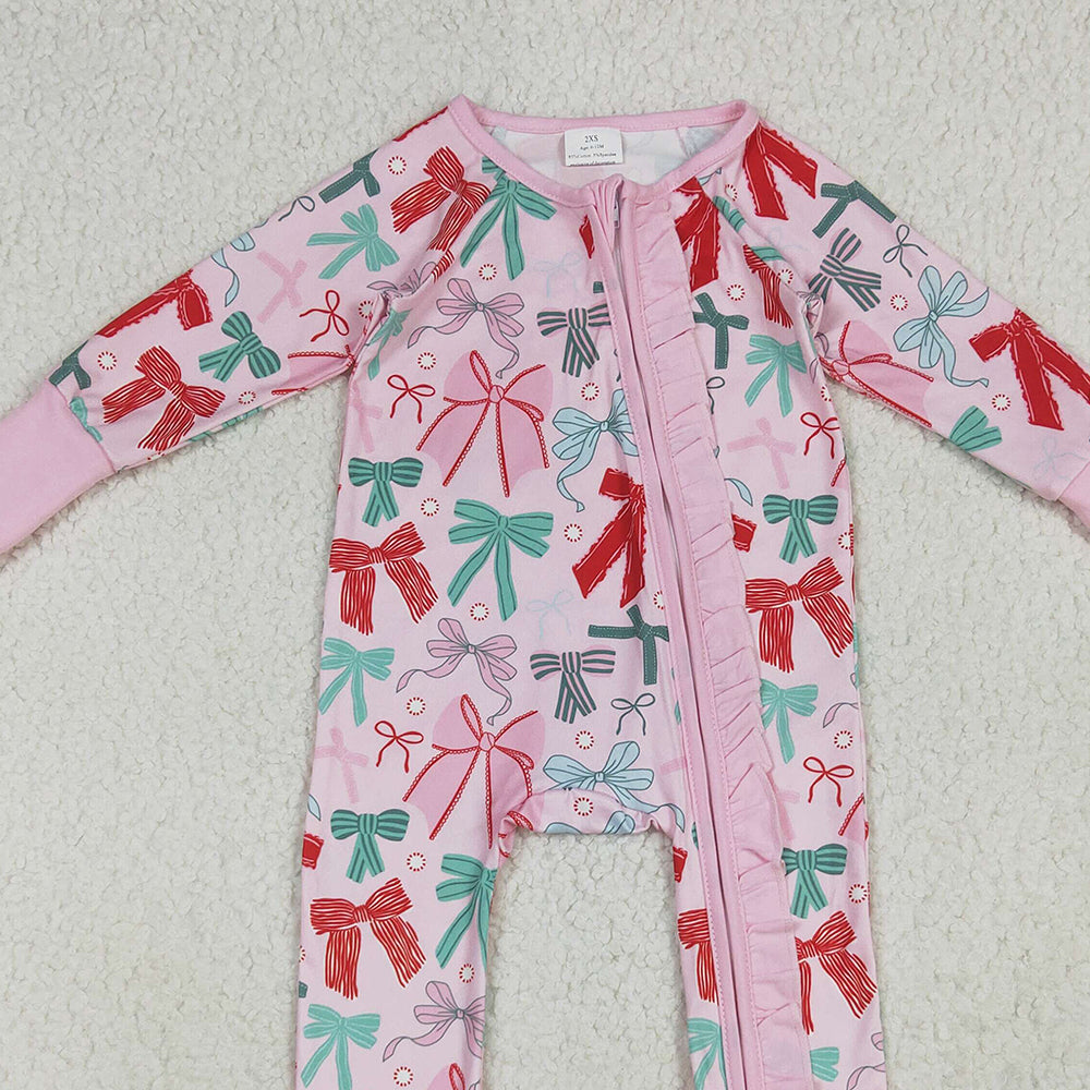 LR2266 RTS NO MOQ Baby Girls Winter Rompers Baby Girls Pink Long Sleeves Colorful Bows Zipper Rompers