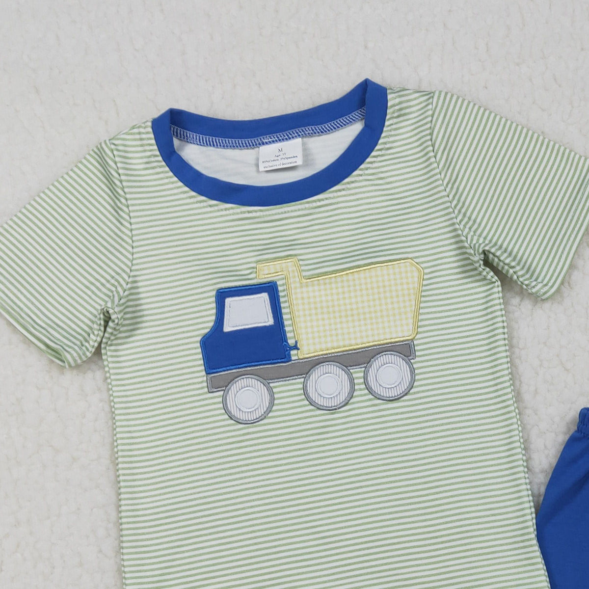 3.25 RTS NO MOQ （In stock）BSSO1833 Fashion Clothing For Baby Boys Short Sleeve Embroidery Tractors Stripe Top Shorts Clothes Sets