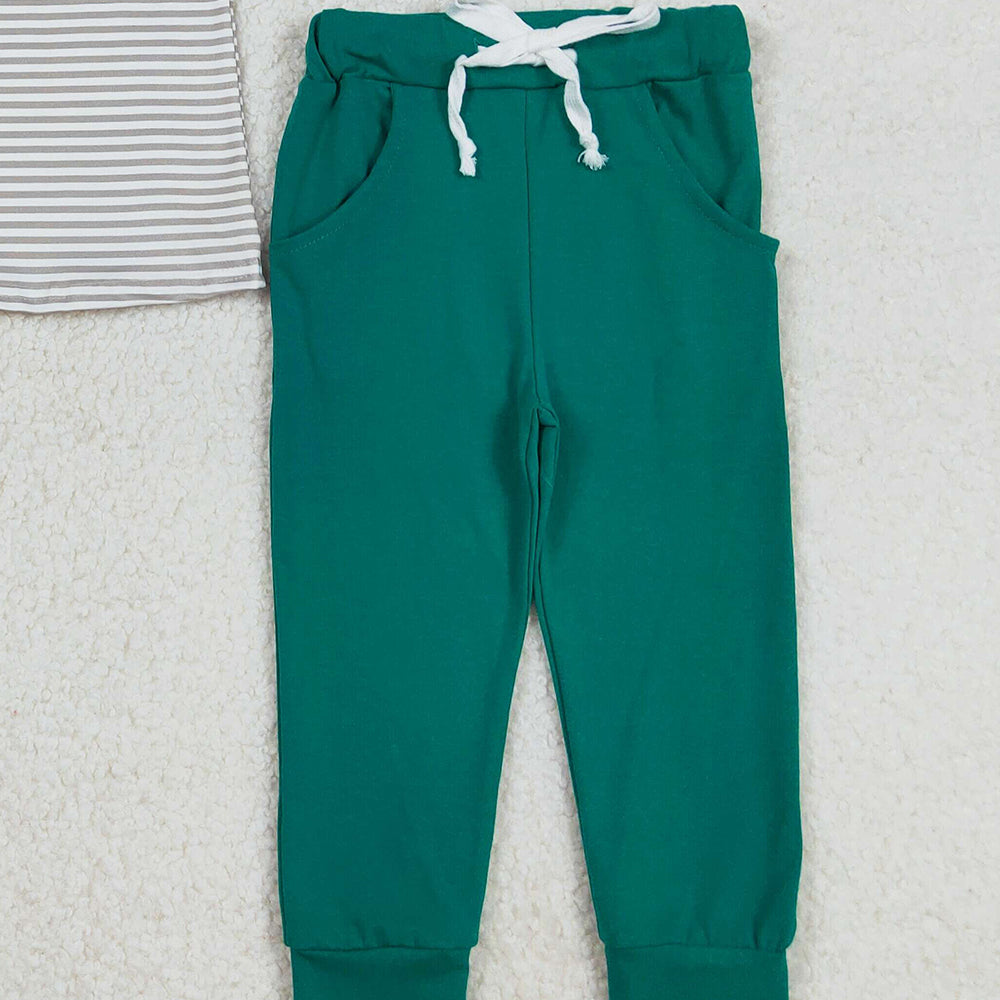 RTS NO MOQ （In stock）BSPO0154 Baby Boys Autumn Outfits Embroidery Baby Boys Stripes Duck Pants Clothing Sets