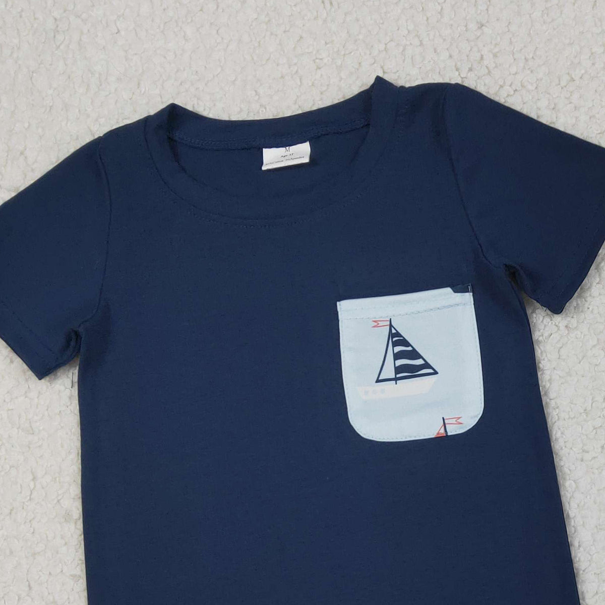 3.27 RTS NO MOQ （In stock）BSSO1855 Fashion Clothing For Baby Boys Short Sleeve Navy Shirt Top Boats Pockets Shorts Clothes Sets