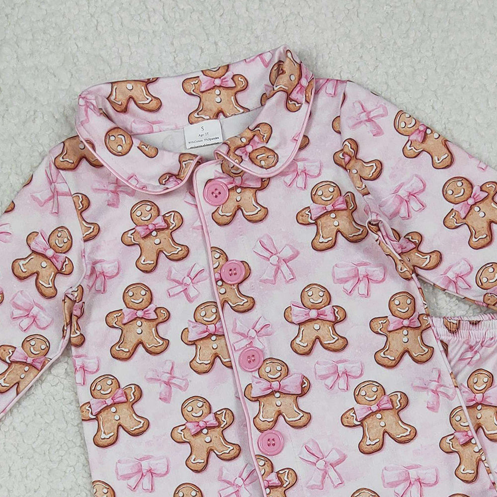 RTS NO MOQ （In stock）GLP2374 Baby Girls Winter Outfits Girls Pink Fur Pajamas with Gingerbread Bow Christmas Theme Button down Nightwear for Kids