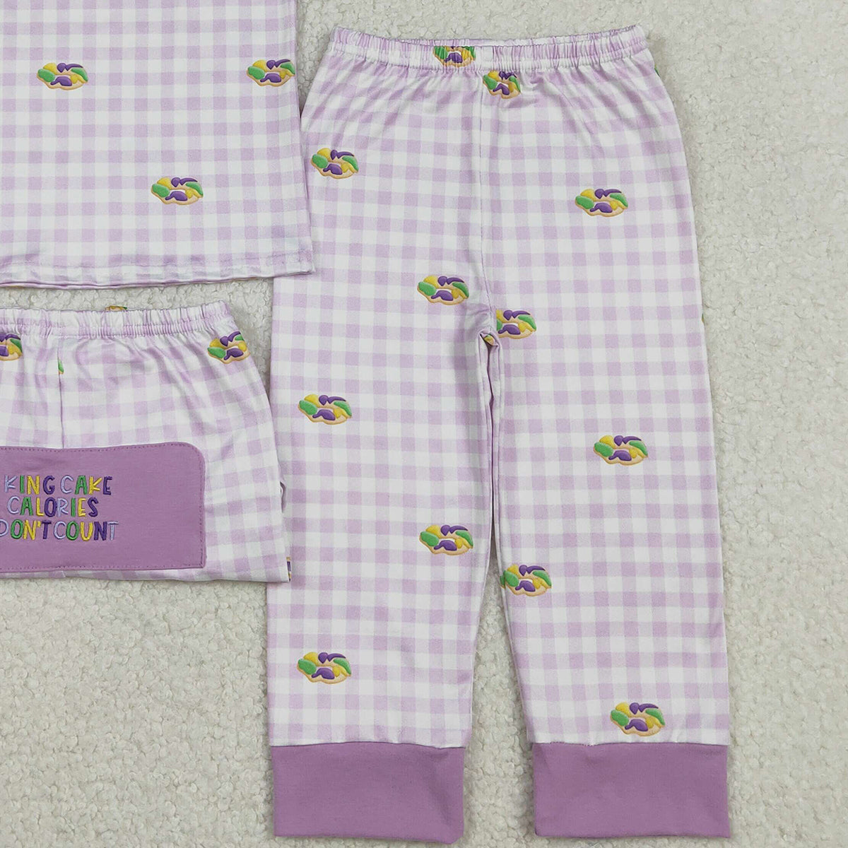 12.29 RTS NO MOQ （In stock）BSPO0630 Embroidery King Cake Baby Boys Mardigras Donuts Checked Pants Pajamas Sets