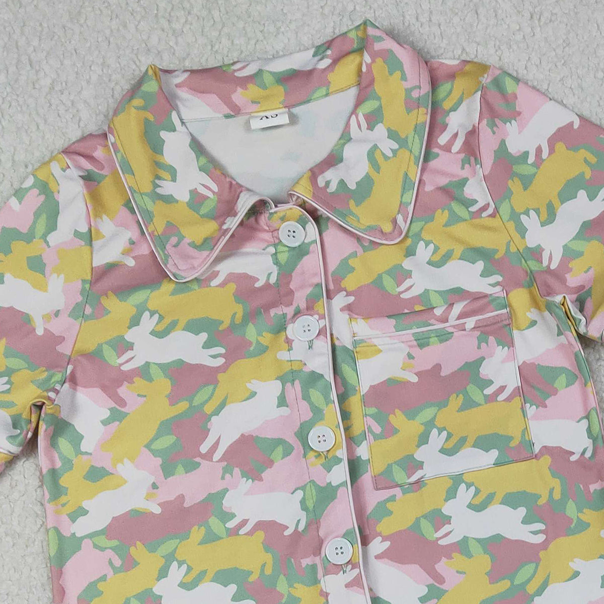 1.12 RTS NO MOQ （In stock）GSSO2973 Adult Women Rabbits Camo Button Pocket Top Shorts Easter Pajamas Set