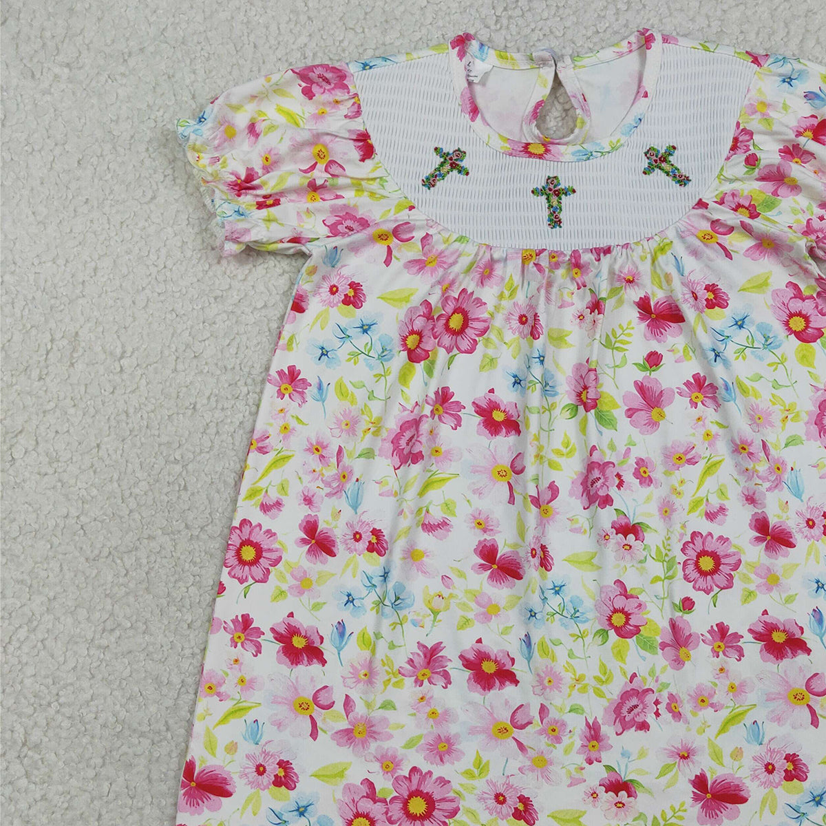 3.28 RTS NO MOQ （In stock）GSD3314 Floral short sleeves cross smocked baby girls Easter dress