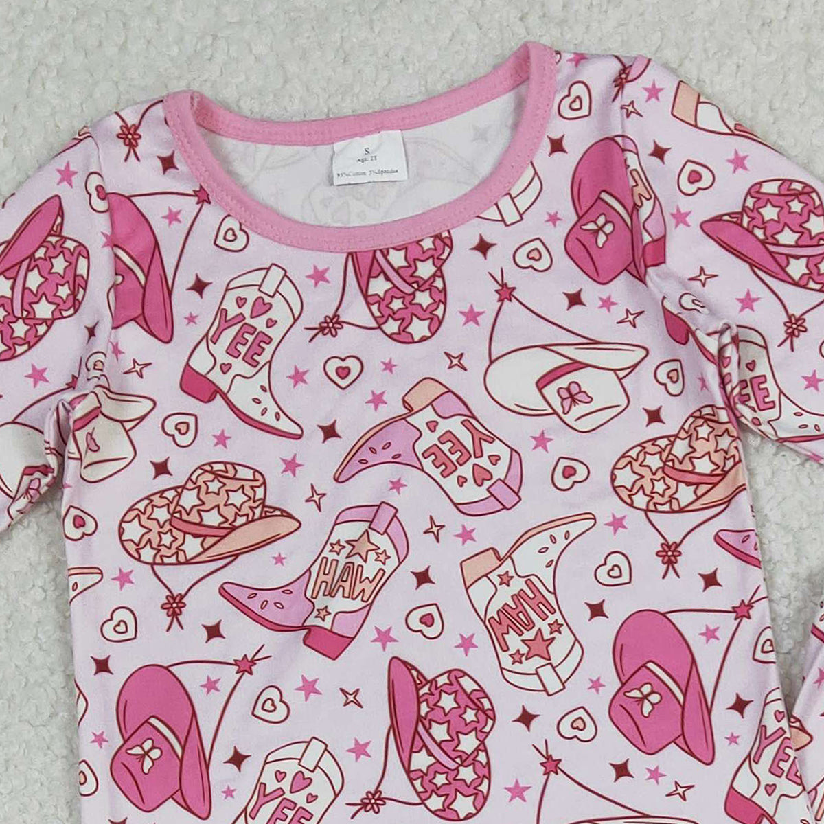 12.26 RTS NO MOQ （In stock）GLP3085 Baby Girls Pink Howdy Boots Hats Top Pants Western Pajamas Sets