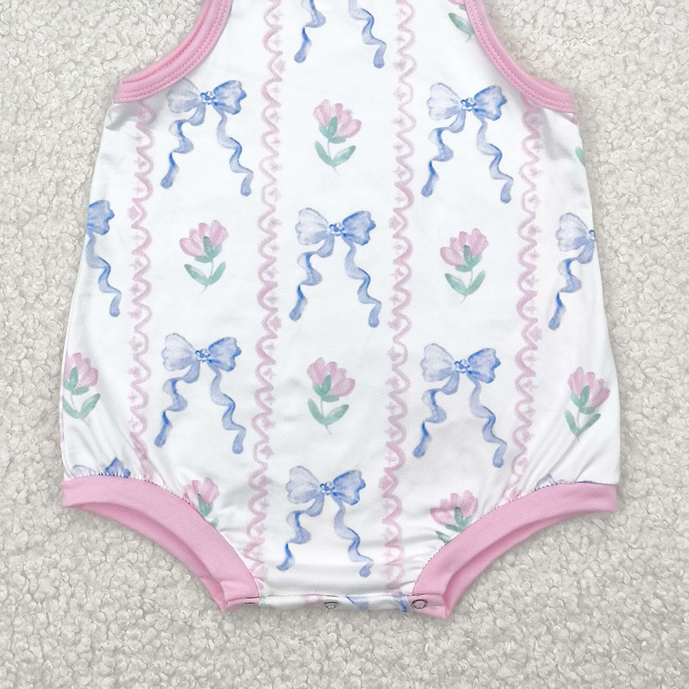 6.18 SR2858 RTS NO MOQ Baby Girls Summer Rompers Baby Infant Girls Blue Bows Flowers Straps Rompers