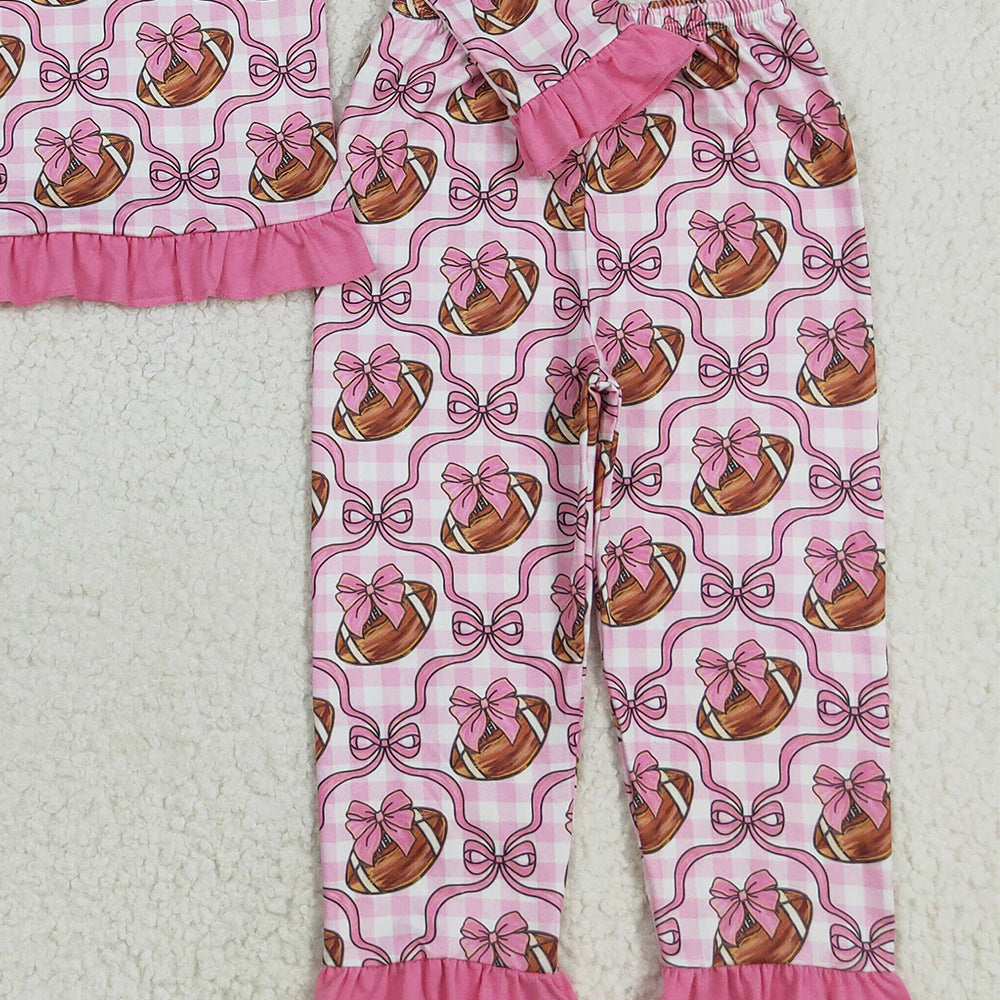 RTS NO MOQ （In stock）GLP2535 Baby Girls Winter Outfits Baby Girls Pink Bows Footballs Top Pant Team Pajamas Set
