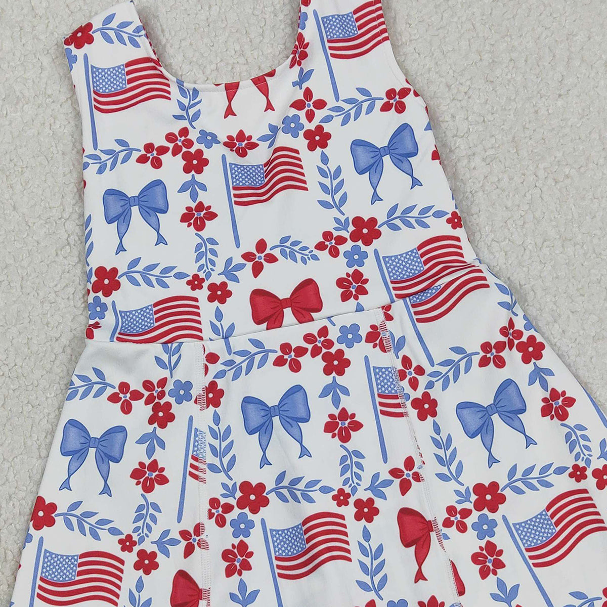 3.10 RTS NO MOQ （In stock）GSD3639 Kids Fashion Clothes Baby Girls Sleeveless Flower Flags 4th of July Yoga Active Shorts Knee Length Dress