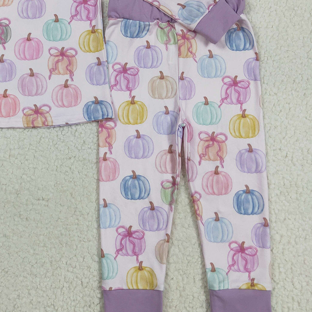 RTS NO MOQ （In stock）GLP2597 Baby Girls Winter Outfits Baby Girls Long Sleeves Colorful Bows Pumpkins Top Pant Pajamas Set