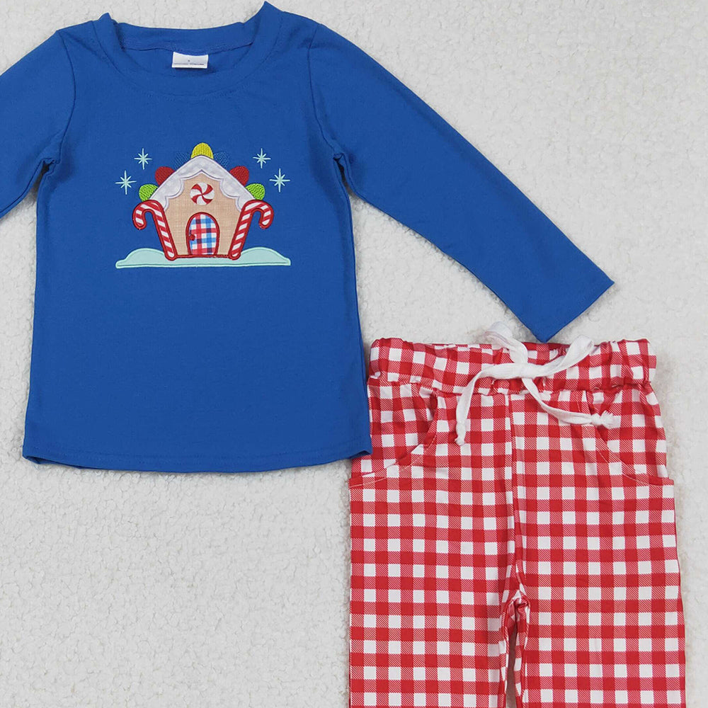RTS NO MOQ （In stock）BLP1151 Baby Boys Winter Outfits Embroidery Christmas Candy Cane Print Long Sleeve Top with Pockets Red Plaid Pants Two-Piece Outfit Set