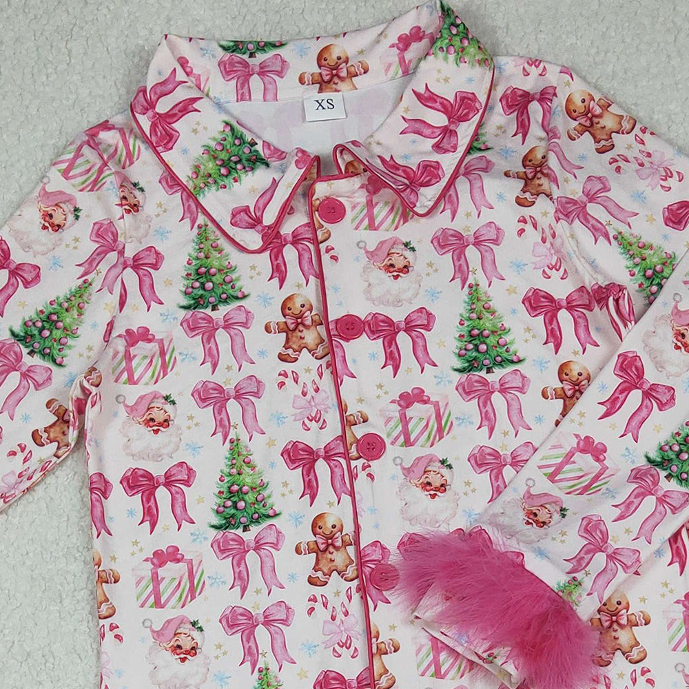 RTS NO MOQ （In stock）GLP2717 Adult women's pajamas set Bows Gingerbread Trees Button Top Pants Christmas Fur Pajamas Sets