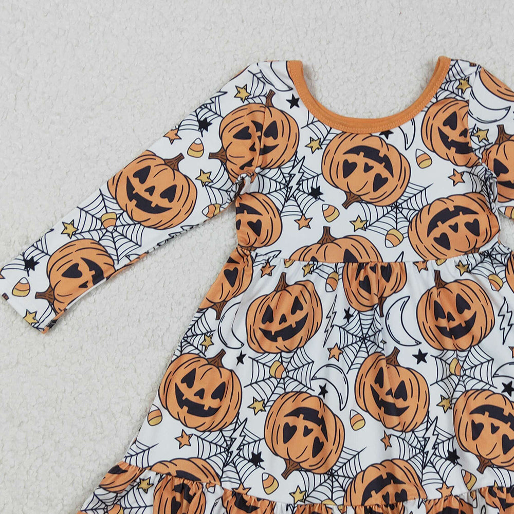 RTS NO MOQ （In stock）GLD1258 Baby Girls Winter Dress Halloween Ghost And Pumpkins Ruffle Knee-Length Dresses