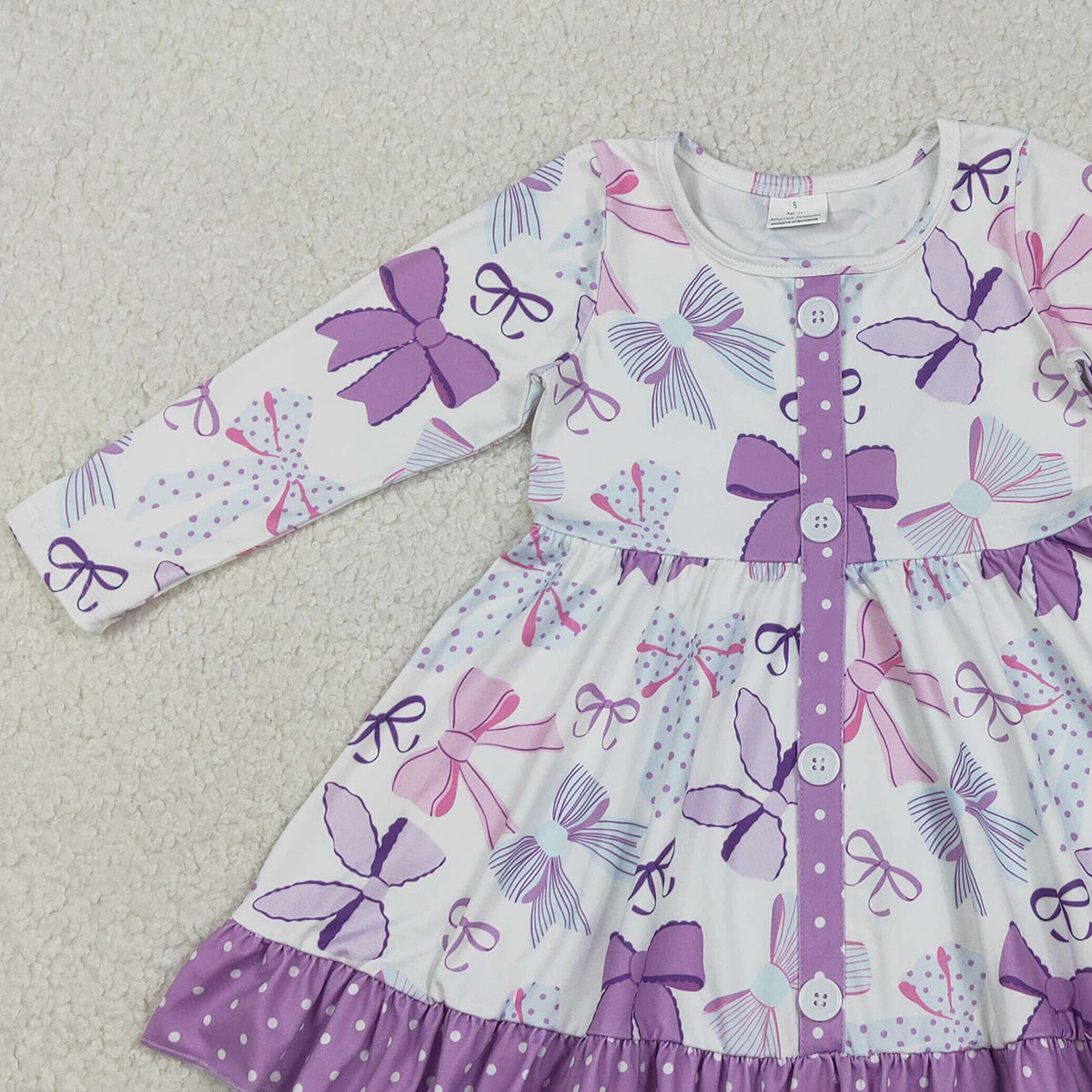 12.5 RTS NO MOQ （In stock）GLD1271 Baby Girls Winter Dress Baby Girls Purple Bows Button Ruffle Knee Length Dresses