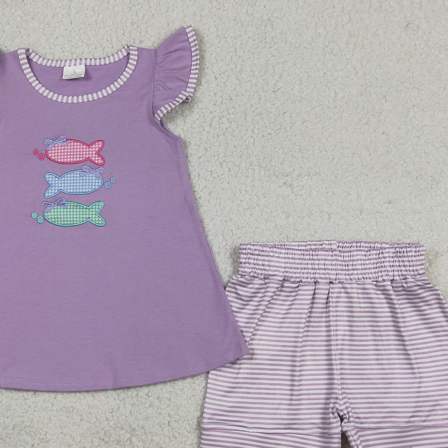 GSSO3242  RTS NO MOQ （In stock Baby Girls Embroidery Fishes  Tunic Scallop Stripe Shorts Hunting Clothes Sets