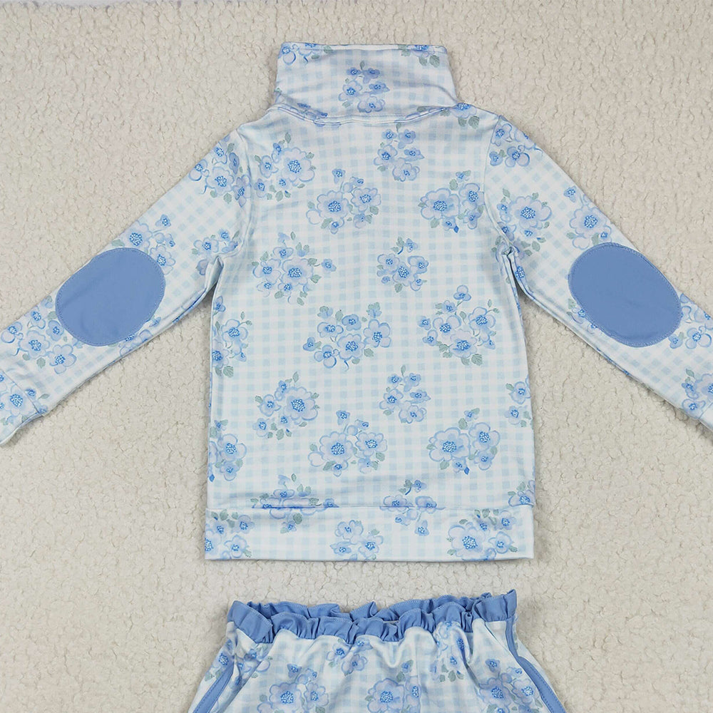 RTS NO MOQ （In stock） GLD1097 Baby Girls Yoga Outfits Baby Girls Long Sleeves Blue Flowers Plaid Zipper Top Skorts Yoga Sets