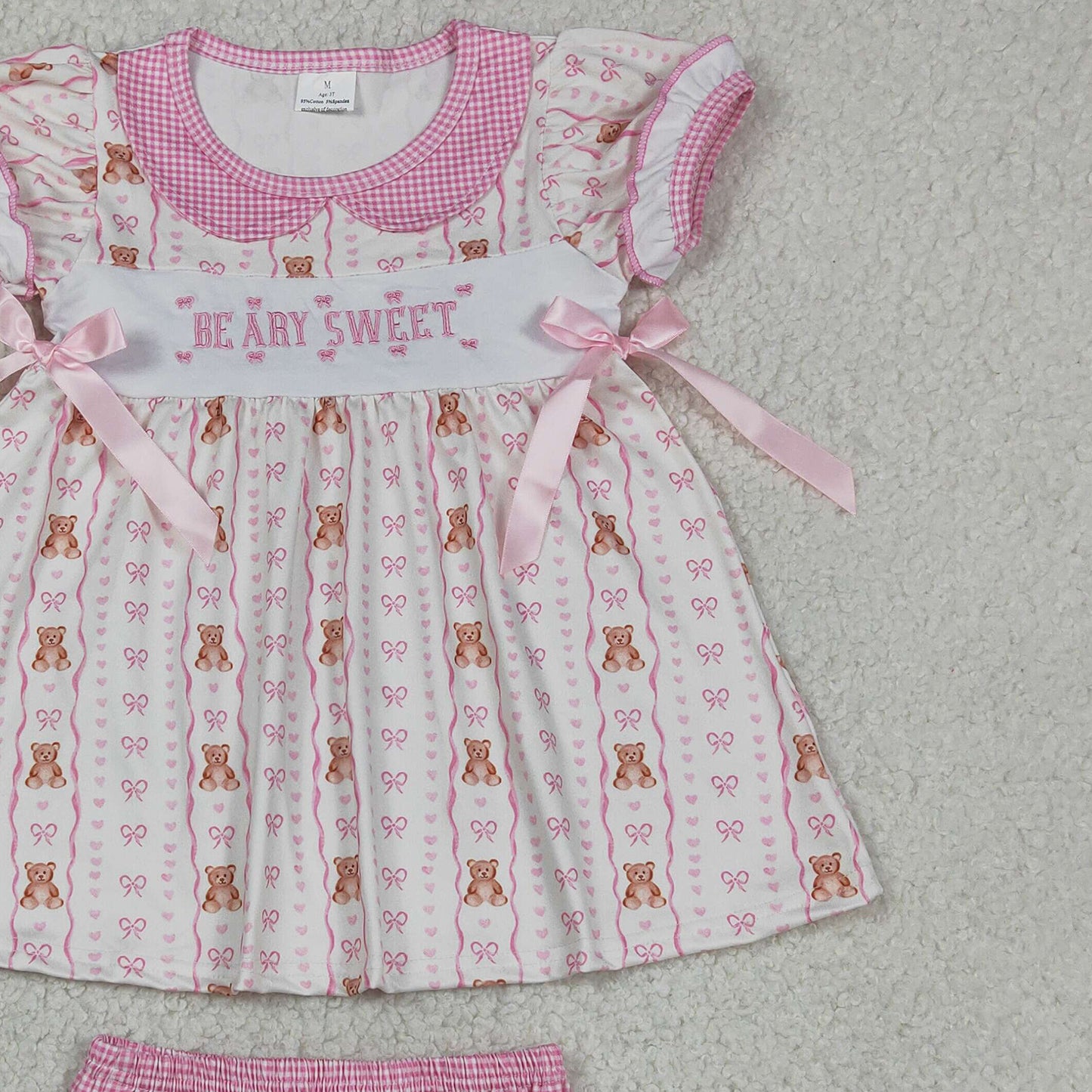 GBO0520 RTS NO MOQ （In stock）Embroidery Be Ary Sweet Baby Girls Heart Bears Stripe Tunic Bummies Clothes Sets