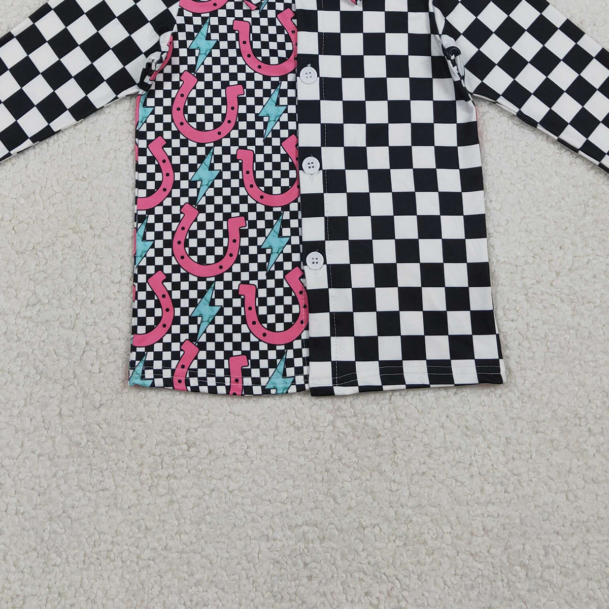 3.3 RTS NO MOQ （In stock）GT1509 Baby Girls Shoes Lightnings Black Checked Western Button Shirts Top
