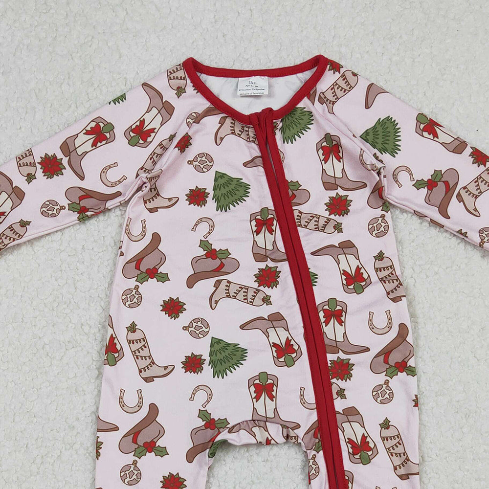 RTS NO MOQ （In stock） LR2584 Baby Girls Winter Rompers Holly Boots Christmas Zipper Footie Rompers