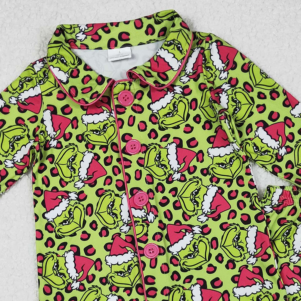 RTS NO MOQ （In stock）GLP2669 Baby Girls Winter Outfits Leopard Green Face Fur Christmas Pajamas Button down Comfortable Sleepwear