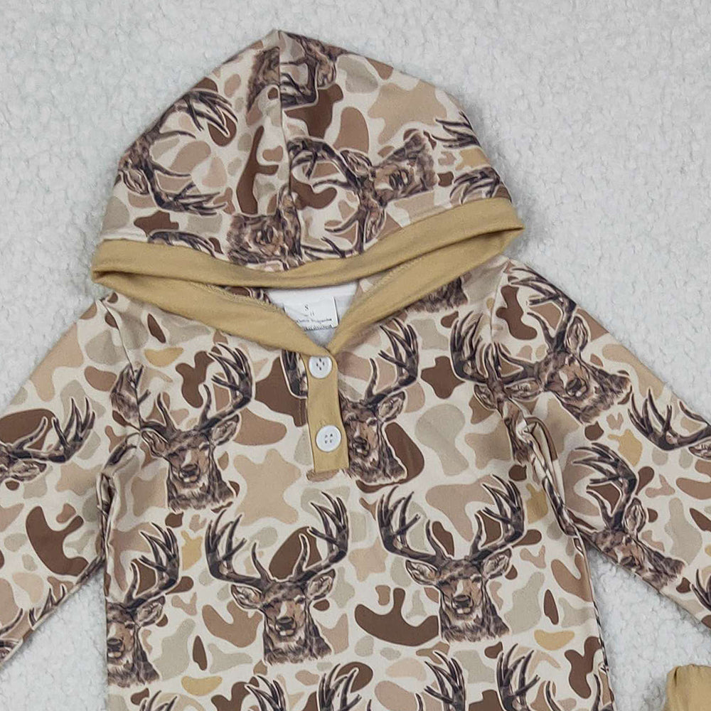 10.10 RTS NO MOQ （In stock）BLP1239 Baby Boys Winter Outfits Baby Boys Khaki Camo Deer Button Hoodies Pockets Leggings Hunting Clothes Set