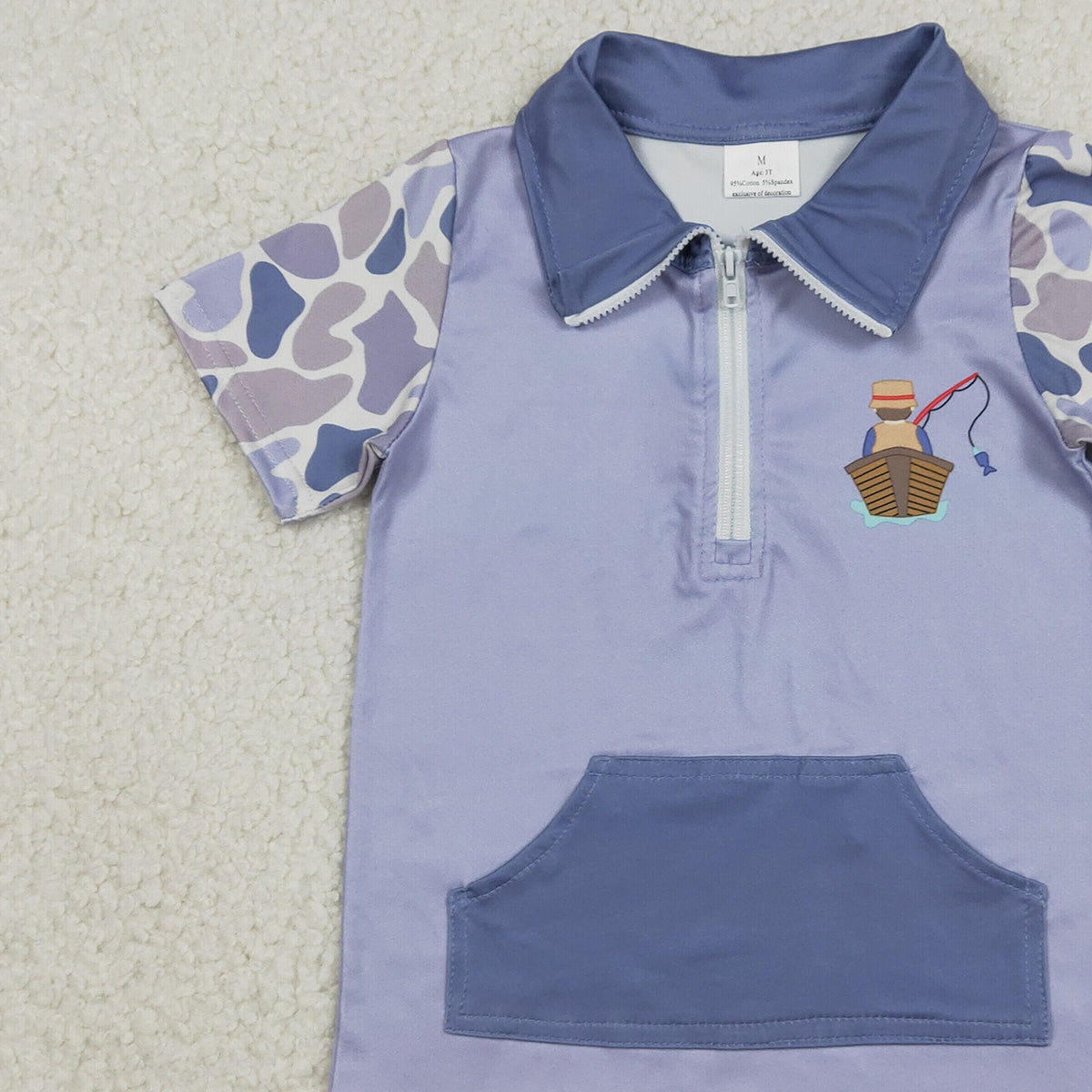 12.27 RTS NO MOQ （In stock）BT1533 Baby Boys Blue Camo Short Sleeve Fishing Zipper Pockets Hunting Pullovers Top