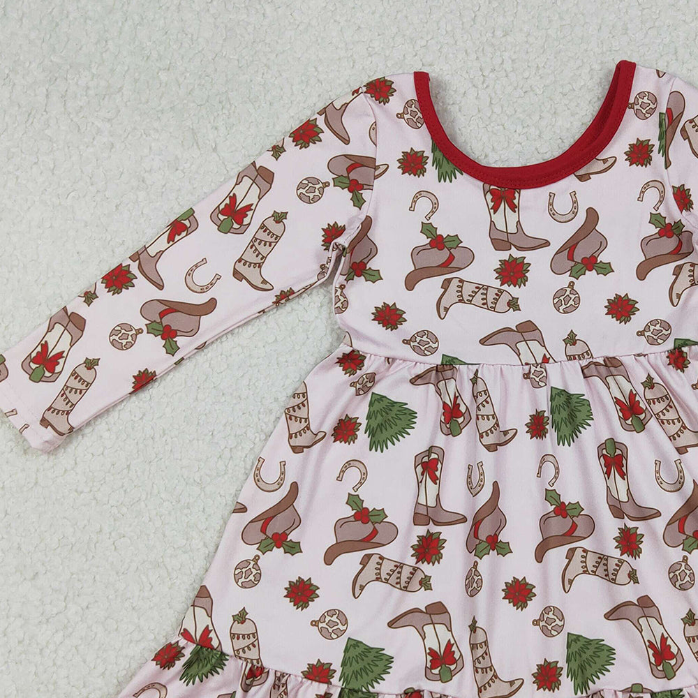 RTS NO MOQ （In stock）GLD1274 Baby Girls Winter Dress Boots Holly Christmas Ruffle Knee Length Dresses