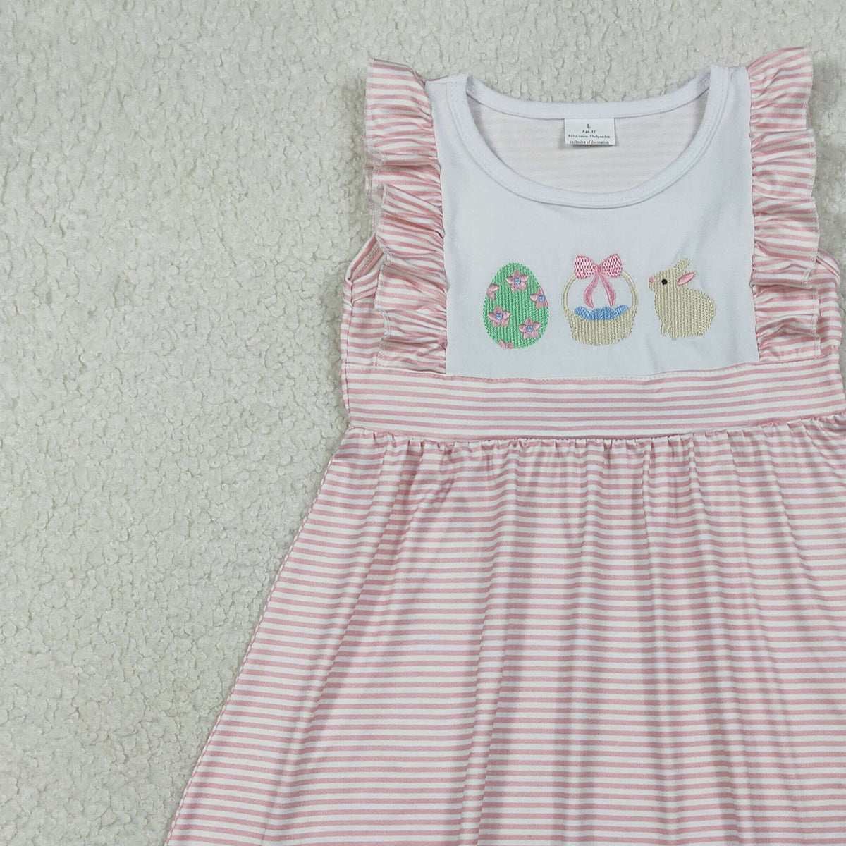 1.13 RTS NO MOQ （In stock）GSD2957 Embroidery Rabbit Eggs Baby Girls Pink Stripe Easter Knee Length Dresses