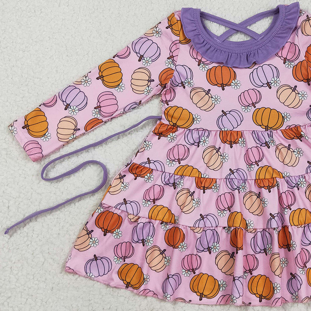 8.22 RTS NO MOQ （In stock）GLD1032 Baby Girls Winter Dress Baby Girls Pink Flowers Pumpkins Fall Knee Length Dresses With Belt