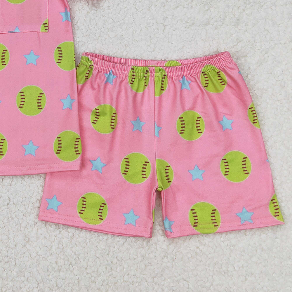 USA Shop (in stock) GSSO2203  Baby Girls Summer Pajamas Outfits Softball star pink short-sleeved shorts pajama set
