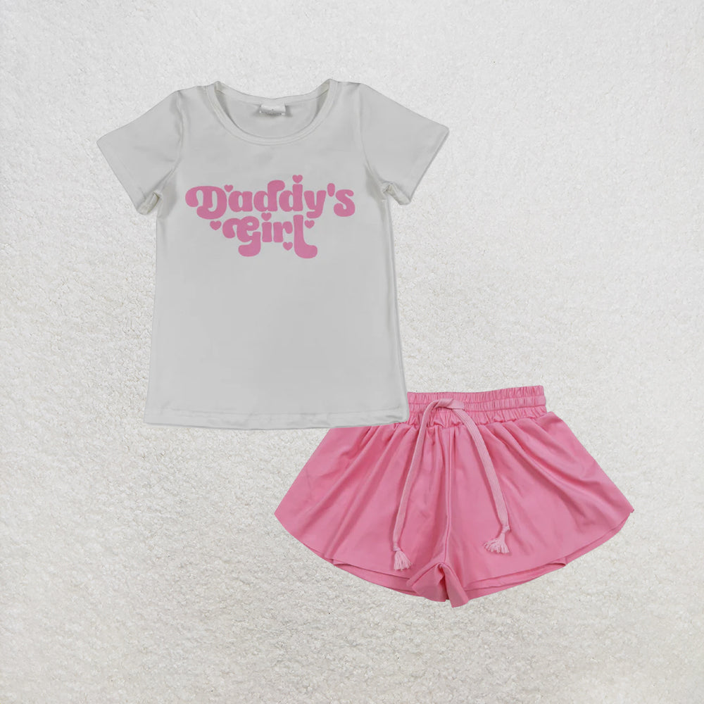5.26 RTS NO MOQ （In stock）GT1566+SS0546 Short sleeves pink daddy's girl baby kids summer shirt with activewear summer yoga shorts
