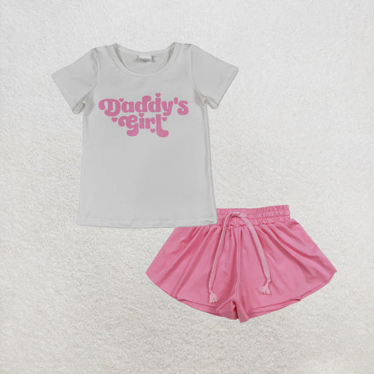 5.26 RTS NO MOQ （In stock）GT1566+SS0546 Short sleeves pink daddy's girl baby kids summer shirt with activewear summer yoga shorts