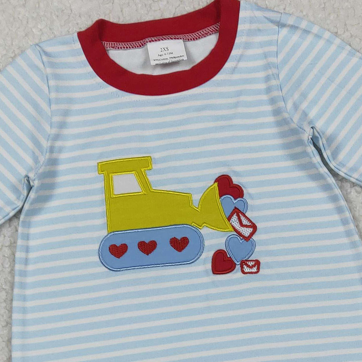 11.24 RTS NO MOQ （In stock）LR2708 Baby Boys Winter Rompers Embroidery Hearts Excavator Baby Boys Blue Stripe Valentines Footie Rompers