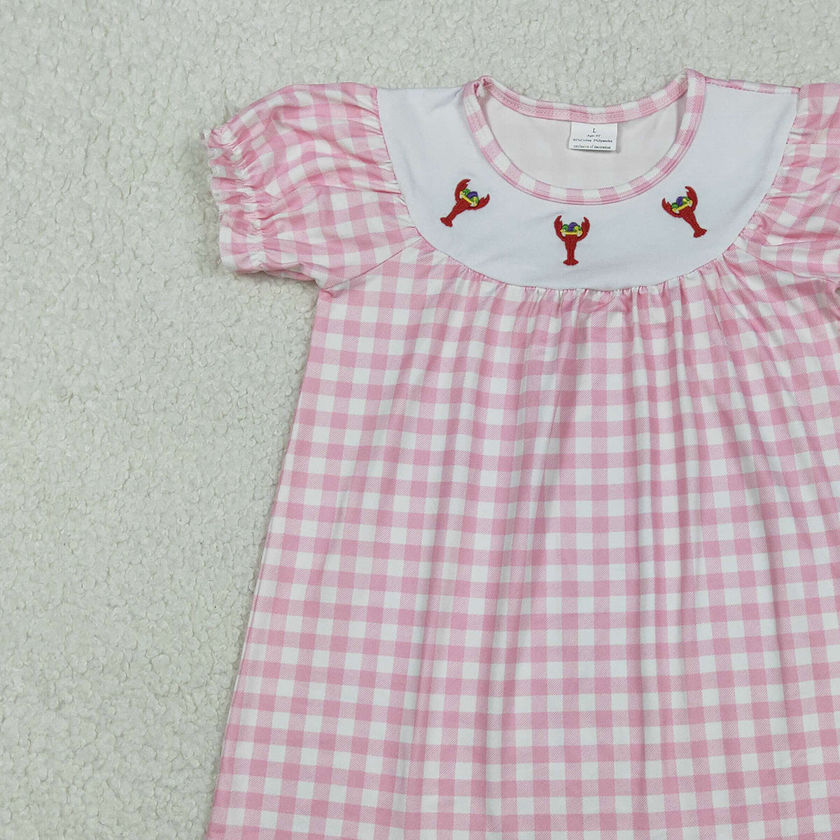 11.5 RTS NO MOQ （In stock）GSD2853 Embroidery Crayfishes Baby Girls Pink Checked Knee Length Dresses
