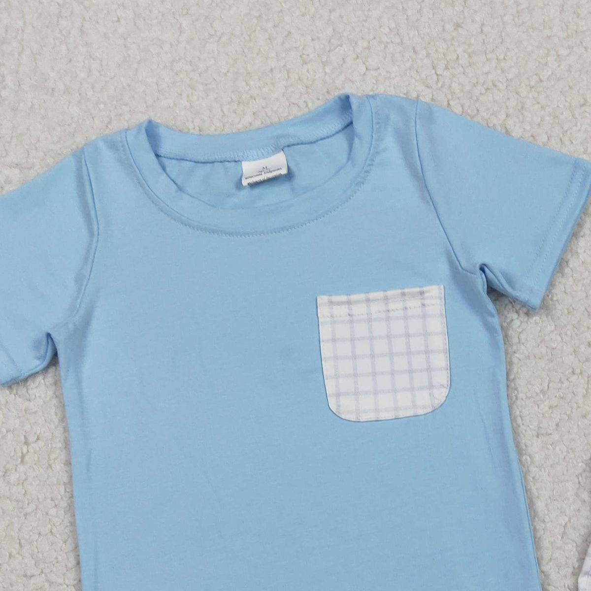 2.3 RTS NO MOQ （In stock）BSSO1762 Baby Boys Blue Short Sleeve Shirts Top Checked Pockets Shorts Clothes Sets