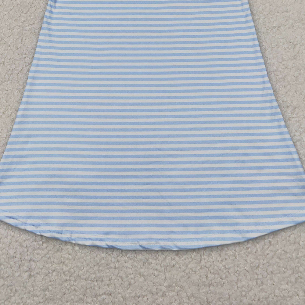5.20 GSD2220 RTS NO MOQ Baby Girls Summer Dress Embroidery Baby Girls Light Blue Stripe Short Sleeves Bows Baseball Knee Length Dresses