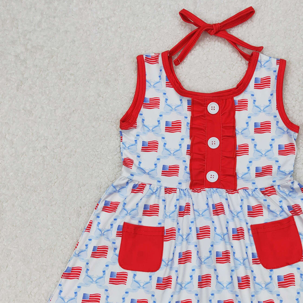 GSD1625 RTS NO MOQ Sleeveless bow flag baby girls 4th of july dresses