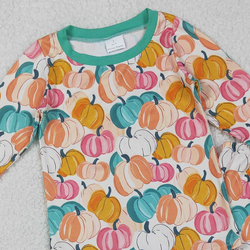 RTS NO MOQ （In stock）GLP2691 Baby Girls Winter Outfits Colorful Pumpkins Long Sleeve Top And Pants Pajamas Set